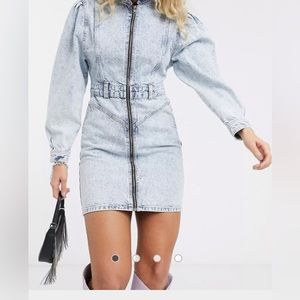 Topshop acid wash denim puff sleeve mini dress. NEVER WORN with tags